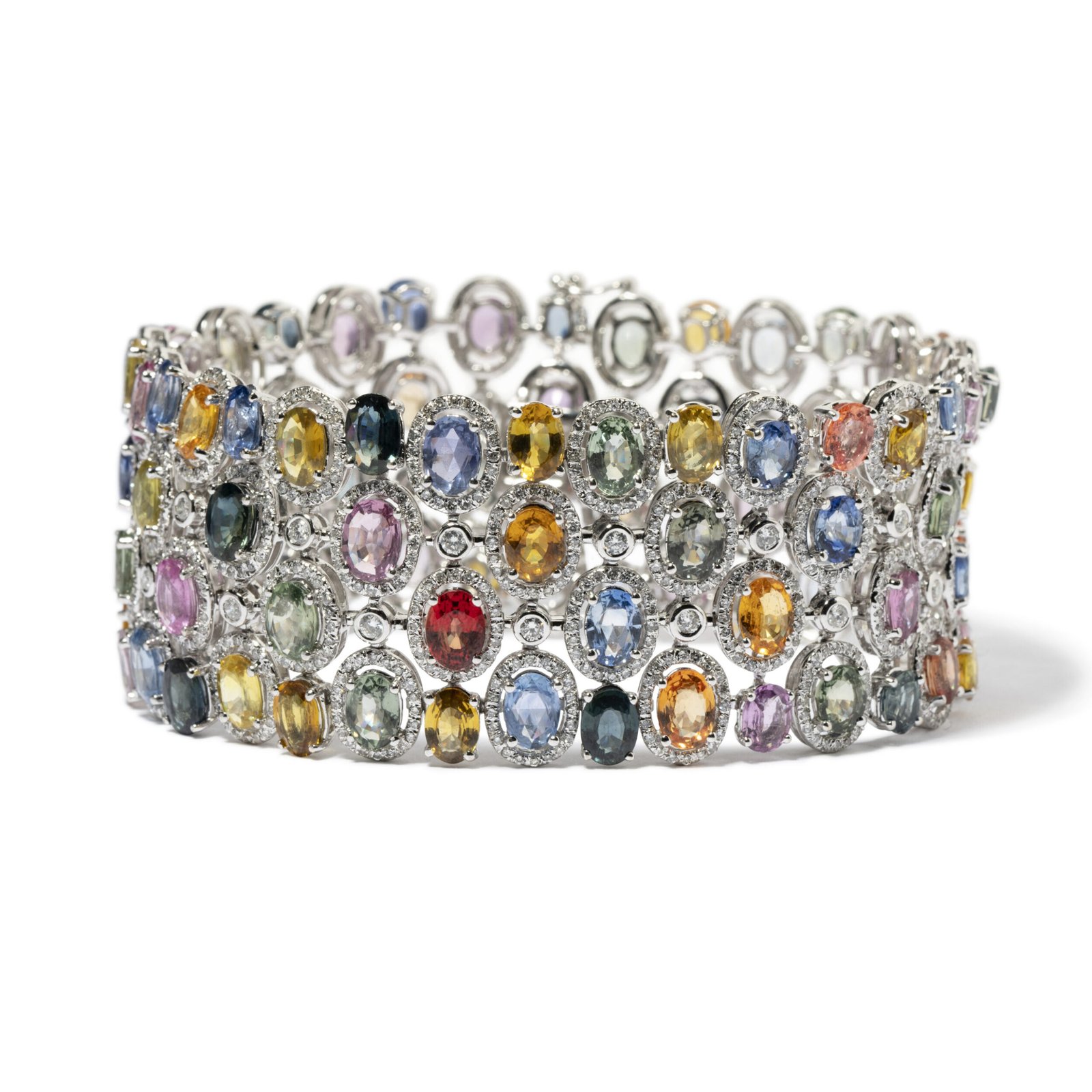 18K White Gold Multi-Color Sapphire, Diamond & Ruby Bracelet